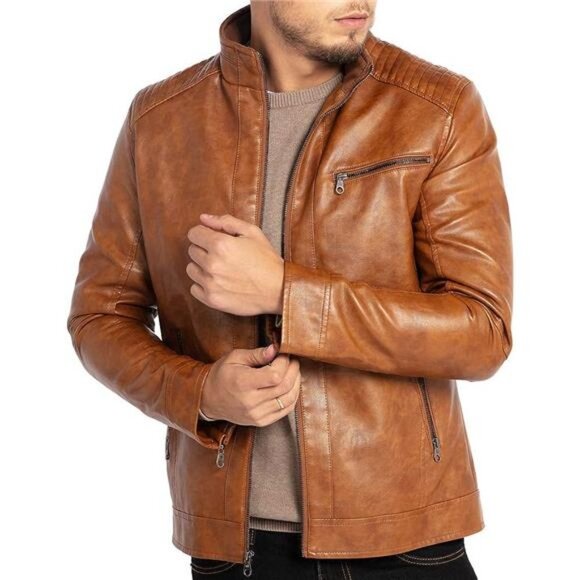 Tan Faux Leather Motorcycle Jacket Textured Stand Collar Bomber‎ Coat Outerwear - Picture 2 of 6